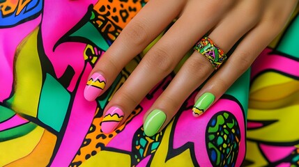 Vibrant Nail Art Colorful Patterns Stylish Ring Fashion