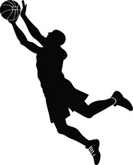 Basketball player dunking silhouette vector illustration, dynamic sports action design for t-shirts, posters, logos, branding, and digital artwork on a white background.