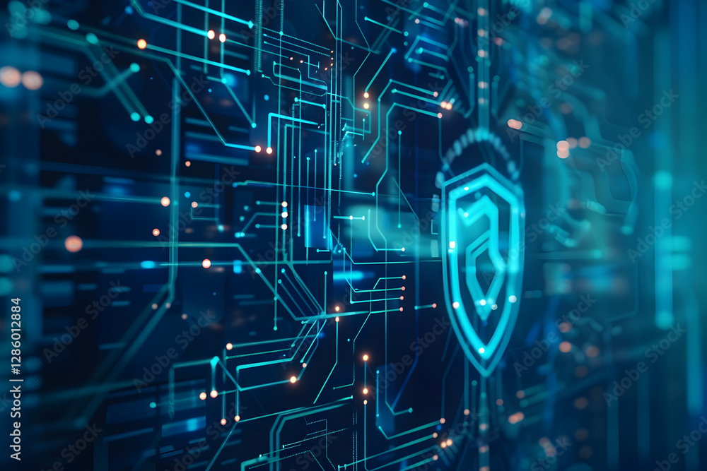 Poster abstract digital technology background featuring circuit patterns and a shield symbolizing security