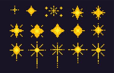 Pixel art stars. 8 bit sparkles set. Magic firework icons in retro 90s style. shine glitter Christmas decoration. Y2k snowflakes. Vintage party golden elements isolated on dark. Vector illustration.