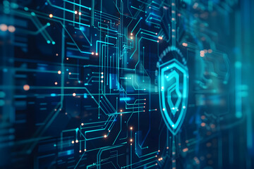 Naklejka premium Abstract digital technology background featuring circuit patterns and a shield symbolizing security