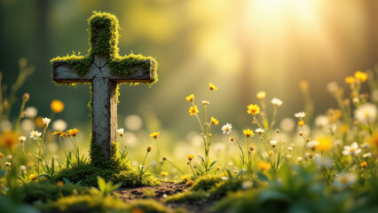 A serene Christian cemetery scene with a mossy cross surrounded by wildflowers.