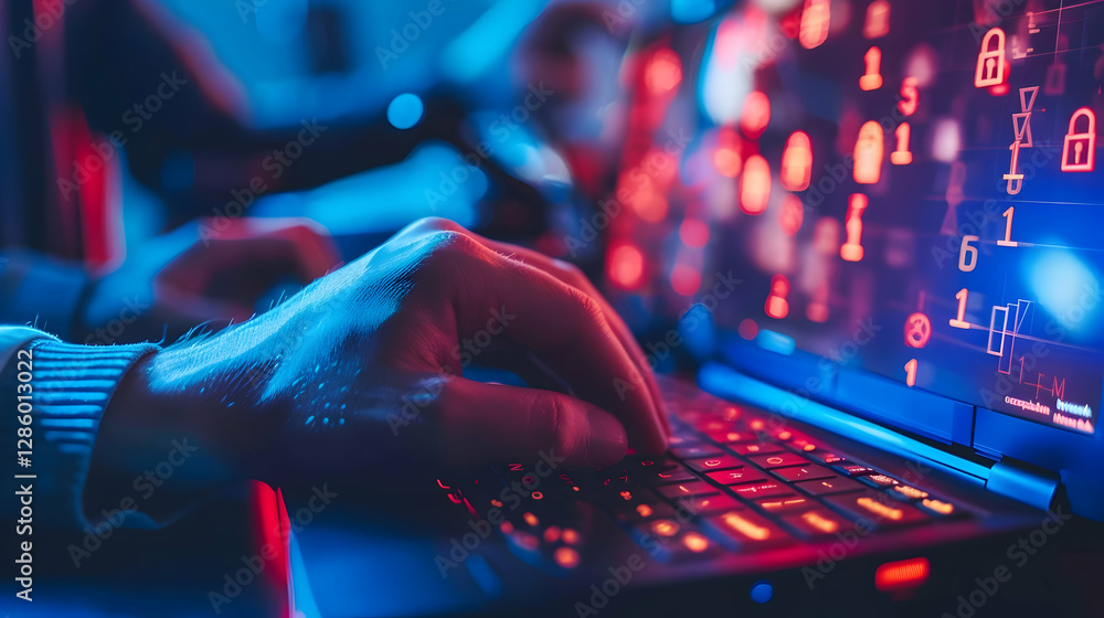 Aufkleber close-up of a hand typing on a laptop in a dimly lit environment with digital security graphics