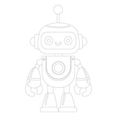 Coloring book of cheerful funny cartoon children's robot. Coloring page of cute cyborg, futuristic modern bot, android, smiling character in flat vector illustration isolated on white background.