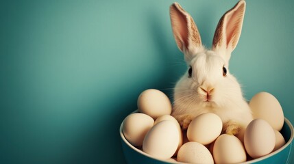 Obraz premium Adorable White Bunny Sitting Among Freshly Laid Eggs on a Blue Background