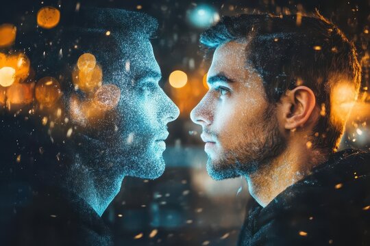 surreal portrait of man facing his transparent digital doppelganger atmospheric lighting with bokeh effect and dreamlike quality
