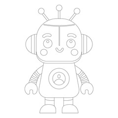 Coloring book of cheerful funny cartoon children's robot. Coloring page of cute cyborg, futuristic modern bot, android, smiling character in flat vector illustration isolated on white background.