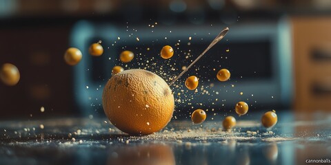 Olives attacking an orange with a spoon in kitchen warfare