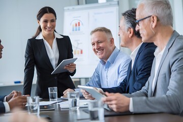 Successful Business Team Meeting Modern Office Collaboration Diverse Professionals Tablet Technology Digital Strategy Planning Happy Colleagues Teamwork Corporate Growth Innovative Solutions Business 