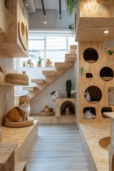 Playful cats frolic in cozy urban interior bright atmosphere inviting feline lovers