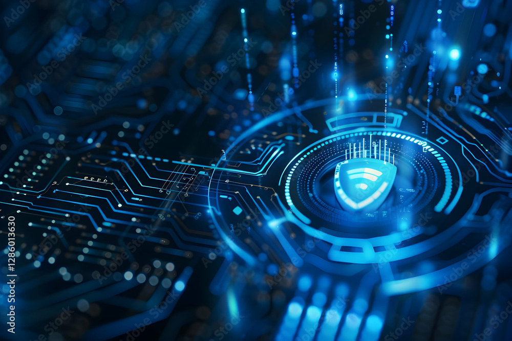 Poster abstract digital background featuring a shield symbolizing cybersecurity with glowing circuits
