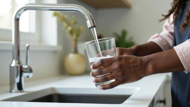 A person fills a glass with water from a modern chrome faucet in a bright kitchen. Concept of: Hydration and wellness.