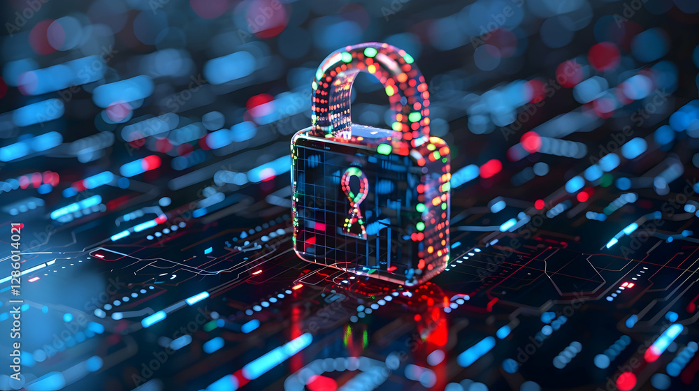 Poster digital padlock symbolizing cybersecurity on a futuristic network background with glowing data