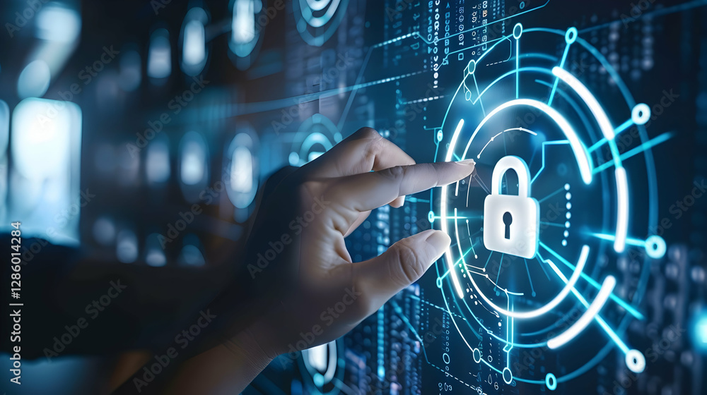 Poster a person interacting with a digital lock interface in a futuristic technology setting