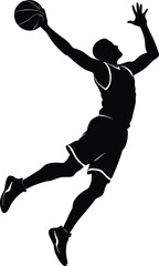 Basketball player silhouette vector illustration, dynamic sports action design for posters, t-shirts, logos, branding, digital art, and athletic graphics.