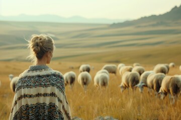 Clear Pixel Visual of Back View Woman Shepherd in Field