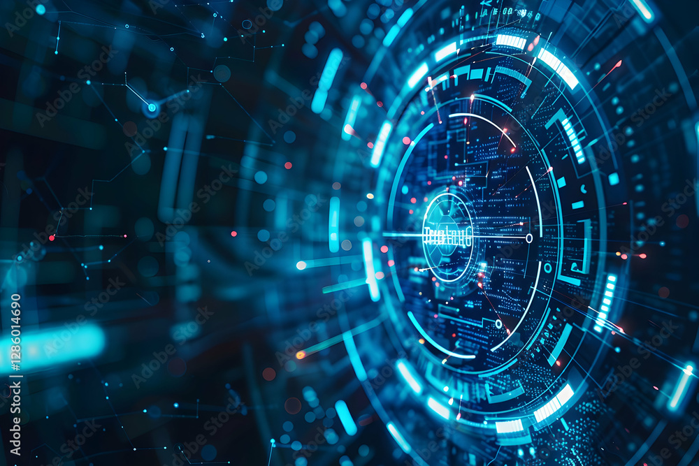 Poster futuristic digital interface showcasing intricate technology patterns and glowing elements
