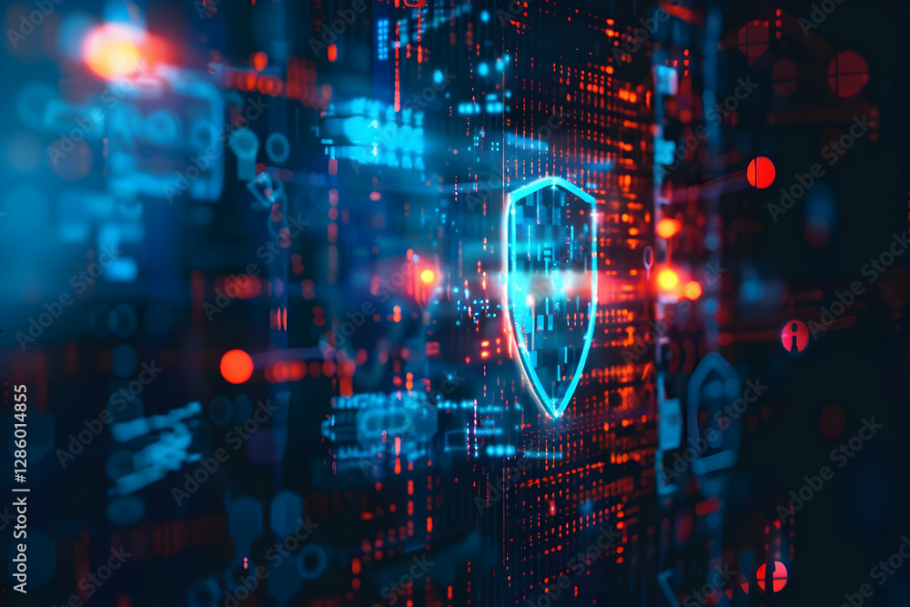 Poster abstract digital background with glowing shield symbolizing cybersecurity and data protection