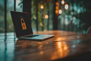 A laptop with a lock symbol on the screen sits on a wooden table in a cozy, dimly lit caf?