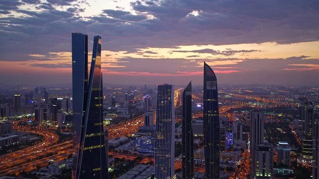A drone video captures the sunset behind Riyadh's skyscrapers, showcasing the panoramic view of King Abdullah Financial District (KAFD) and its impressive towers