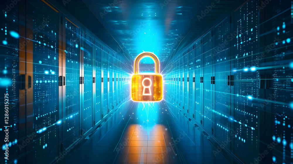 Poster digital lock symbolizing cybersecurity in a high-tech data center with glowing servers