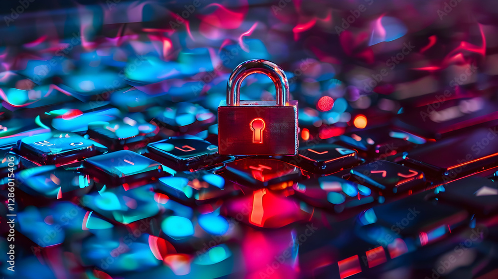 Poster a close-up of a glowing padlock on a colorful keyboard, symbolizing digital security and privacy