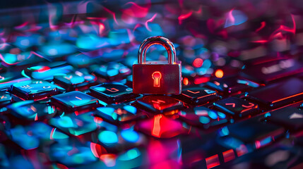 A close-up of a glowing padlock on a colorful keyboard, symbolizing digital security and privacy