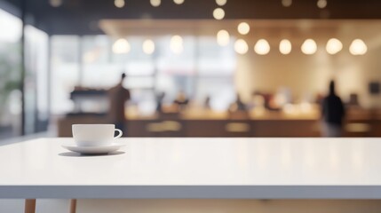 Sleek white table with even lighting and blurred trendy cafe background featuring customers and coffee cups
