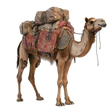 Camel with colorful saddle and bags in desert setting