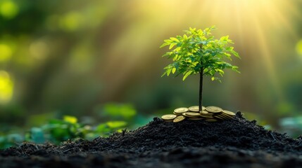 Young tree growing from coins in fertile soil, sunlit forest backdrop