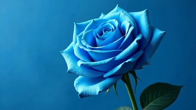 4k frame of one blue rose close up on blue background