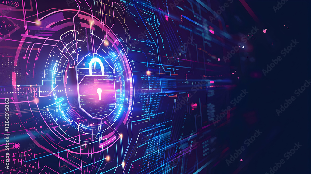 Poster digital security concept with a glowing padlock symbol on a futuristic technology background
