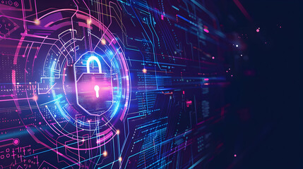 Obraz premium Digital security concept with a glowing padlock symbol on a futuristic technology background
