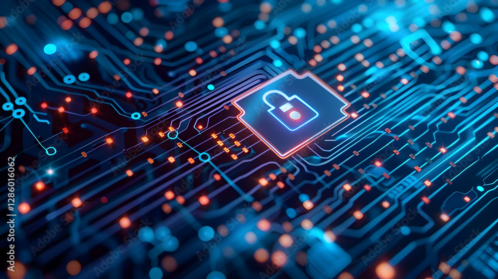 Poster abstract digital illustration of a secure lock on a circuit board, symbolizing cybersecurity