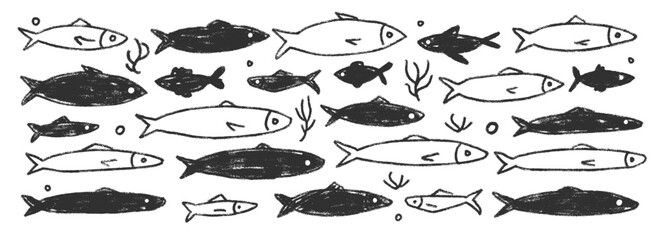 Fishes doodle set. Sardines hand drawn scribble School of fish in the sea. Vector monochrome nautical illustration by pencil isolated on white background. Crayon or chalk naive underwater life.