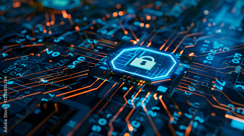 Poster abstract representation of cybersecurity with glowing circuit board and padlock symbolizing protecti