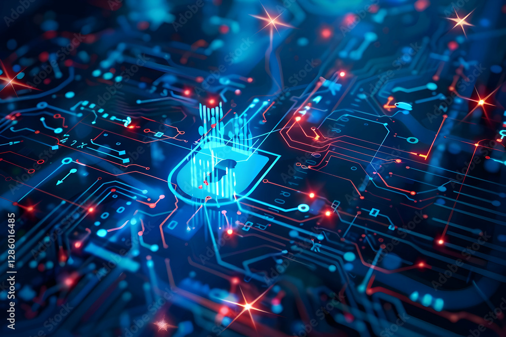 Poster abstract representation of digital security with glowing circuits and a padlock symbolizing protecti