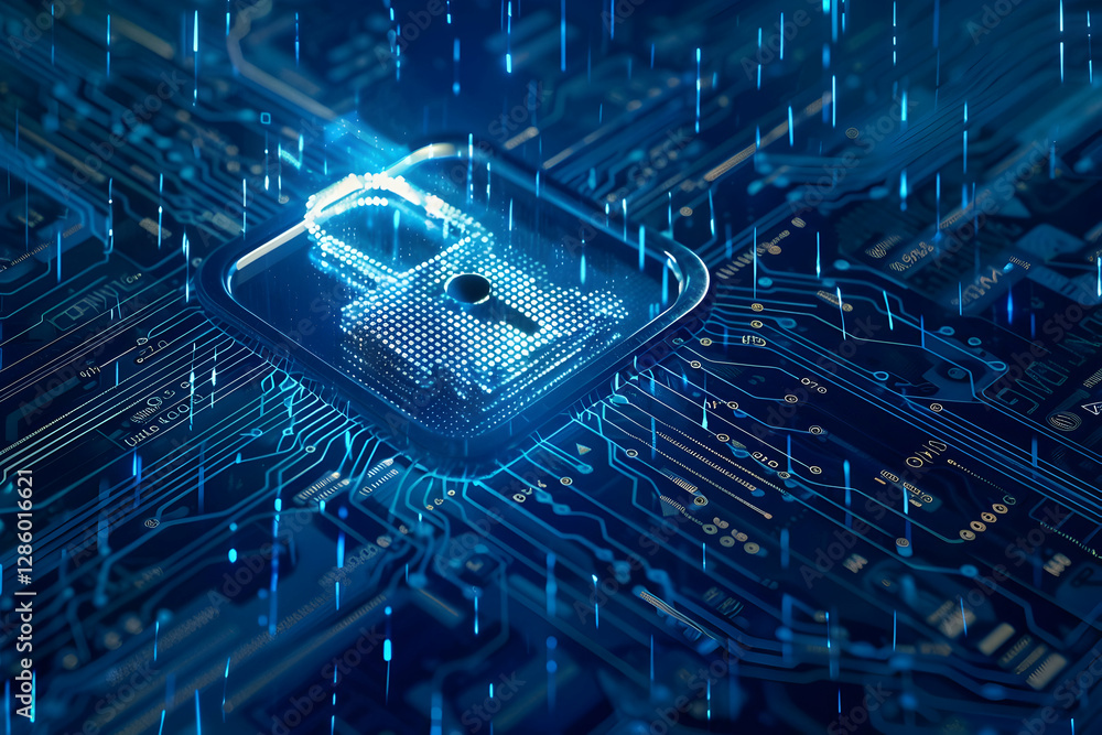 Aufkleber digital lock symbolizing cybersecurity on a circuit board with data streams in the background