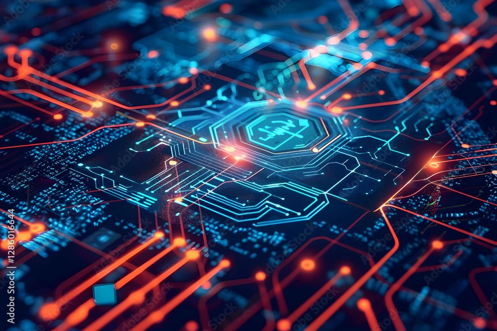 Poster abstract close-up of a futuristic circuit board with glowing lines and a central processor