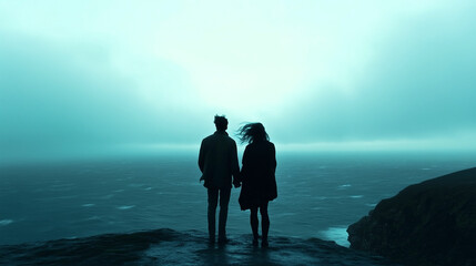 Couple standing hand in hand on a cliff overlooking the ocean during a windy day at dusk
