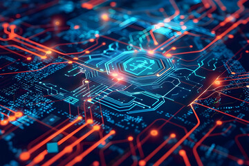 Fototapeta premium Abstract close-up of a futuristic circuit board with glowing lines and a central processor