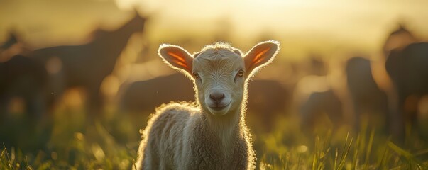 Obraz premium Cute lamb standing in lush field with warm sunlight in the background, surrounded by sheep.