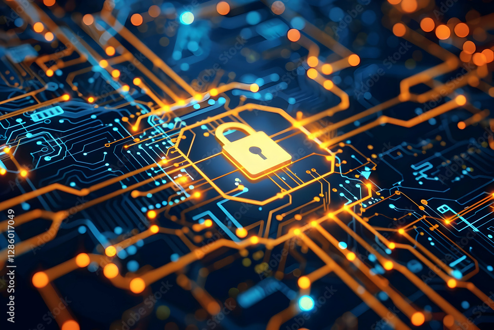 Poster abstract digital circuit board with a central lock symbol representing cybersecurity concepts