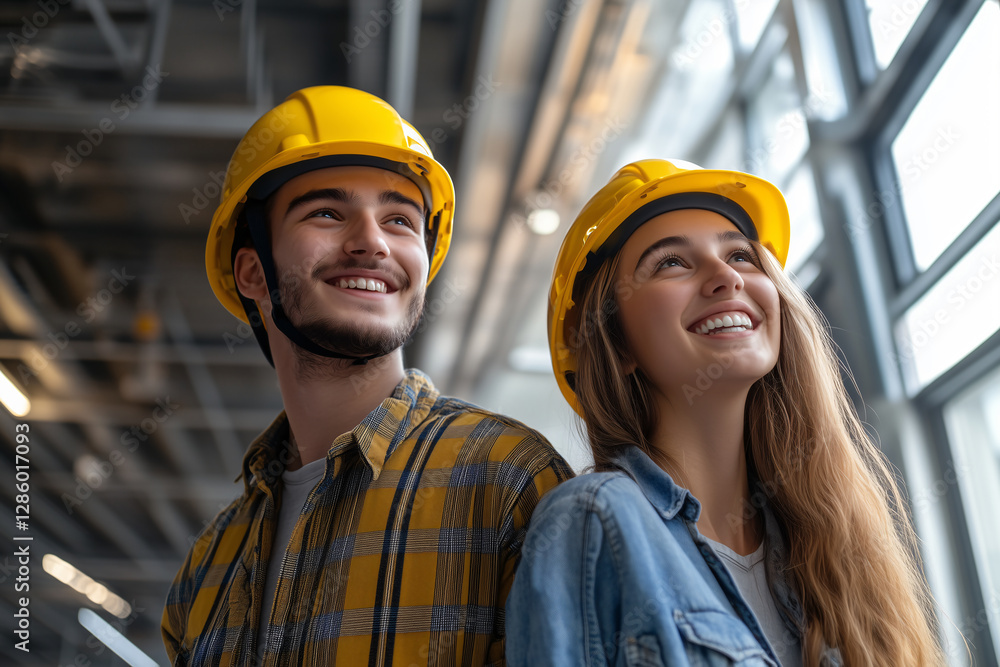 Wall mural Young caucasian couple at indoors with worker cap