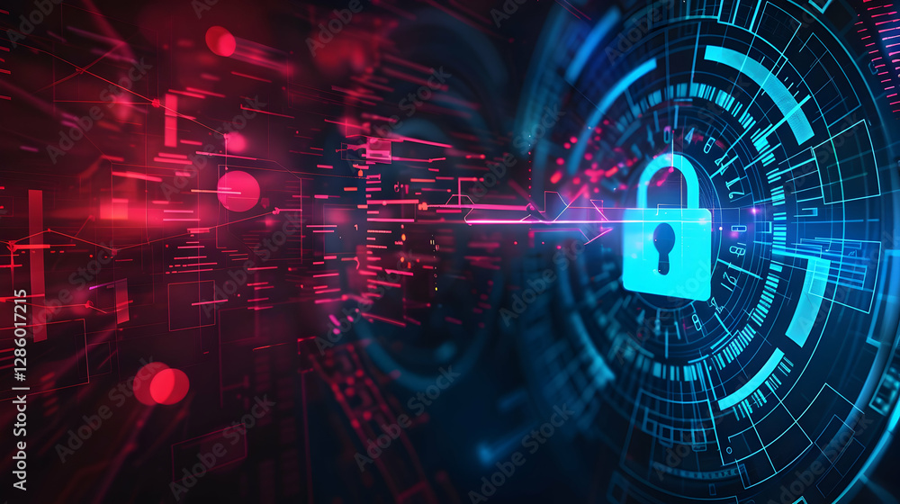Poster digital lock symbolizing cybersecurity with data streams and glowing elements in a tech environment
