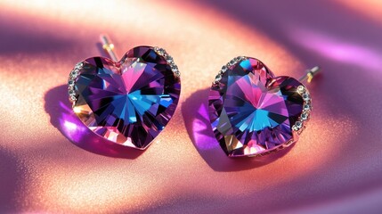 Luxury crystal heart earrings resting on a pastel pink gradient surface