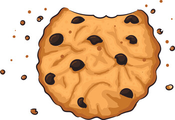 Hand drawn bitten cookie with chocolate drops and crumbs