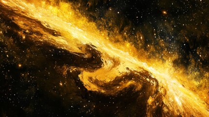 A celestial river of molten gold flows through a nebula, shaping star systems in its wake