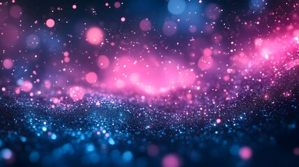 Dynamic floating particles with neon pink and cyan glow are set against a dark cosmic background, featuring motion blur effects in digital abstract art for tech presentations.