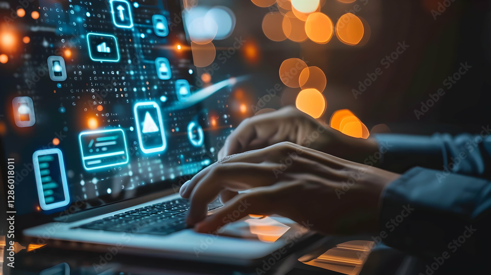 Aufkleber hands typing on a laptop with digital interface and blurred lights in the background